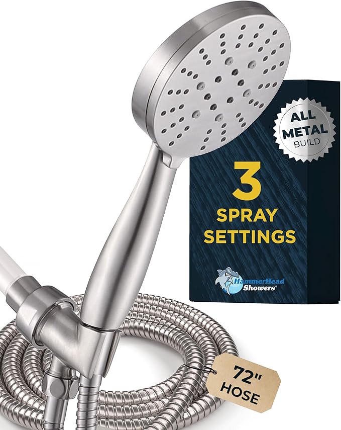 HammerHead Showers® Solid Metal 3-Spray Handheld Shower Head with Long Hose and Holder - BRUSHED NICKEL - 2.5 GPM High Pressure Shower Head with Handheld Sprayer - WIDE, MASSAGE, and MIST Sprays