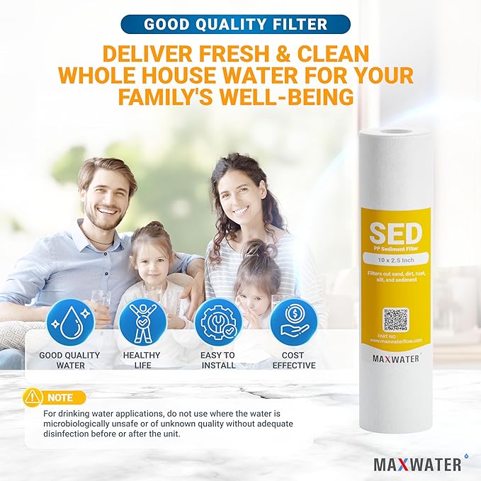 Max Water 10 inch x 2.5 inch, 5 Micron Replacement Sediment Water Filter Cartridge for Whole House, Melt Blown Filtration Fiber for P5, AP110, WHKF-GD05, 25- Pack