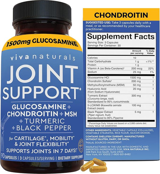 Viva Naturals Glucosamine Chondroitin MSM Joint Support Supplement, 90 Capsules - with Turmeric, Black Pepper, Boswellia and Hyaluronic Acid - Joint Health Supplement for Mobility and Flexibility