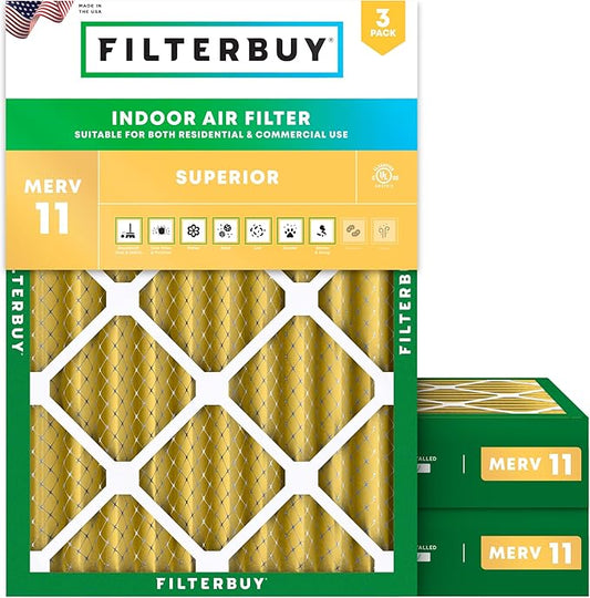 Filterbuy 20x25x4 Air Filter MERV 11 (MPR 1200) Allergen Defense Replacement (3-Pack), Electrostatic Pleated HVAC AC Furnace Filters, Made in USA (Actual Size: 19.50 x 24.50 x 3.63)