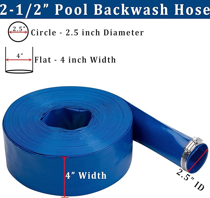 2-1/2 in x 100 ft Pool Backwash Hose Heavy Duty Drain Discharge Double PVC Lay flat General Purpose Vinyl Hose, Burst Resistant for Water Transfer Sump Pump Pool Filter (2.5in 100ft fiber reinforced)