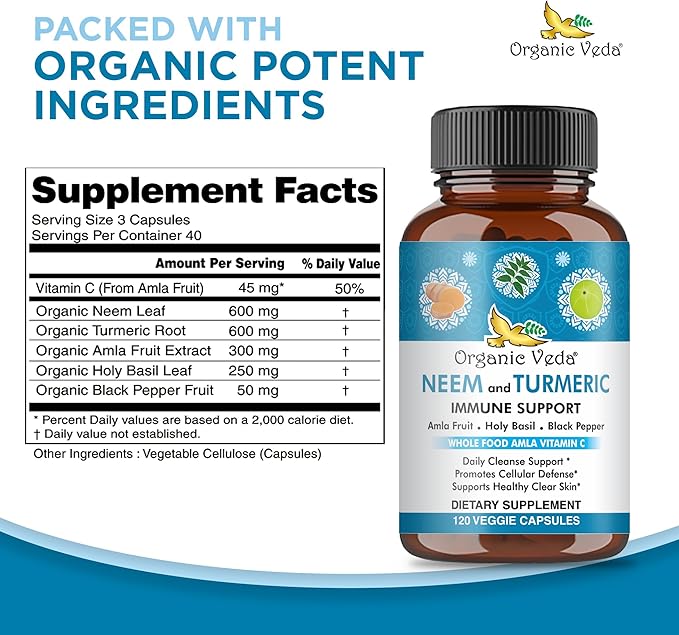 Organic Veda Neem & Turmeric Capsules with Amla Fruit, Tulsi, Holy Basil, Black Pepper Extract - Immune Support Dietary Supplement - Boosts Healthy Clear Skin & Cellular Defense - 120 Vegan Capsules
