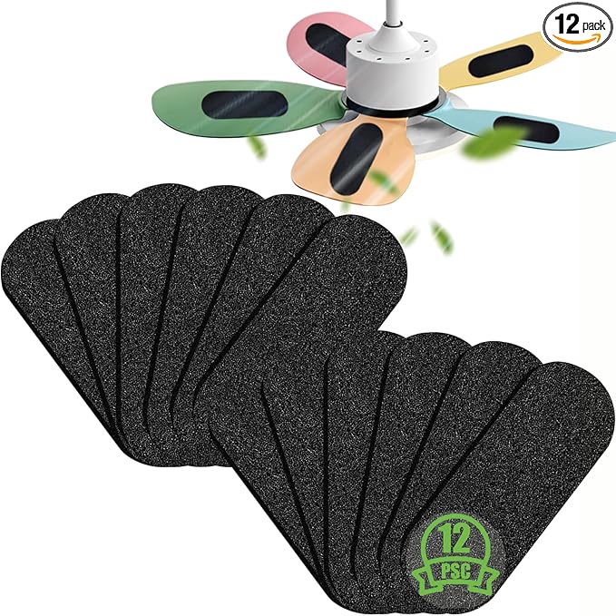 12 Pack Ceiling Fan Filters for Blades, Ceiling Fan Filter, Unscented Activated Coconut Shell Carbon Ceiling Fan Air Filter-Easy-Stick Ceiling Fan Air Filters, Universal Ceiling Fan Blade(10mm thick)