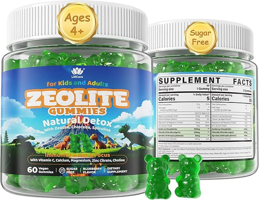 Zeolite Gummies for Kids & Adults, Sugar Free Zeolite Detox Supplements w/ Chlorella, Spirulina, Minerals, Choline - Gentle Body Detox & Cleanse, Gut Health, Immune, Focus, Energy, Bone, Vegan, 60cts