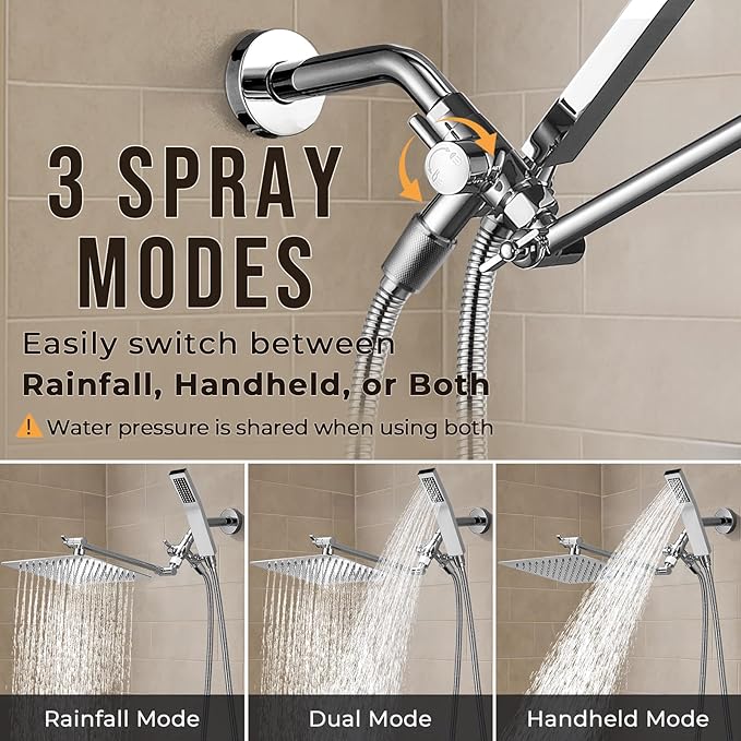 G-Promise All Metal 8 Inch Dual Square Shower Head with Handheld Spray Combo, Rain Shower Head, Adjustable Extension Arm, Smooth 3-Way Diverter, 71 Inch Extra Long Hose - A Bathroom Upgrade (Chrome)