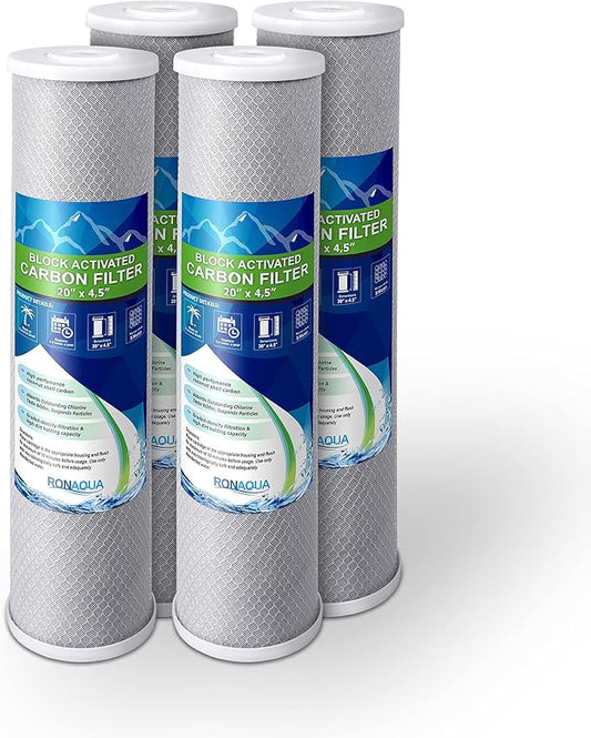 High Capacity Coconut Shell Carbon Block Water Filter 5 Micron Cartridge 4.5" x 20" for Universal Whole House System WELL-MATCHED with CB-45-2005, FC25B, FLTWH2045C02 and PRL-RCL (4 Pack)