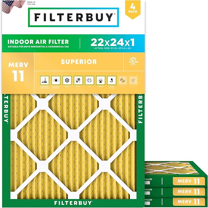 Filterbuy 22x24x1 Air Filter MERV 11 (MPR 1200) Allergen Defense Replacement (4-Pack), Electrostatic Pleated HVAC AC Furnace Filters, Made in USA (Actual Size: 21.50 x 23.50 x 0.75)