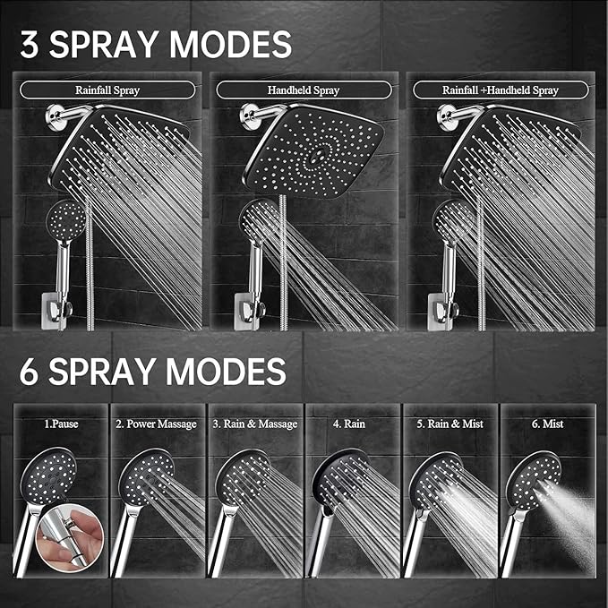 Veken 11.8 Inch Rectangle Rain Shower Head - Shower Heads with 6 Modes Handheld Spray Combo - Wide Rainfall shower with 70" Hose - 1.8gpm Dual Showerhead with Anti-Clog Nozzles - Chrome