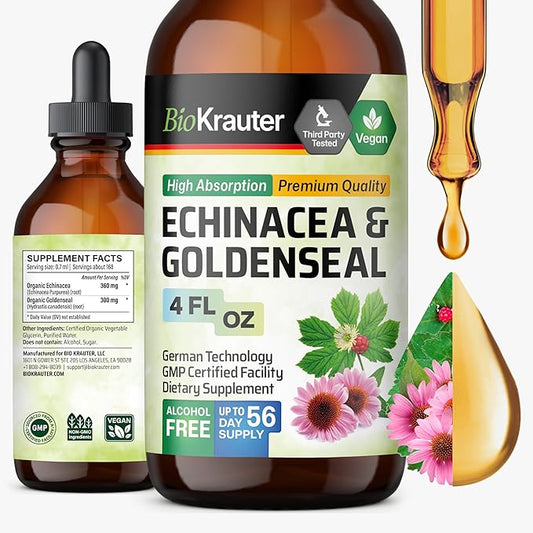 BIO KRAUTER Echinacea and Goldenseal Root Liquid Extract - Natural Immune Support - Echinacea Drops with Goldenseal - Vegan, Alcohol & Sugar Free Tincture - 4 Fl.Oz.