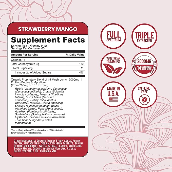 Troomy Daily 14 Mushroom Blend Gummies - Great Tasting Natural Mango Strawberry Flavor, Gelatin-Free, Gluten-Free, Vegetarian - 60 Count