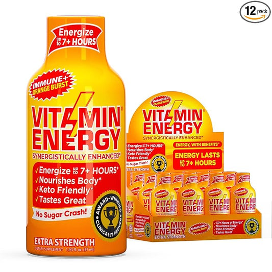 Vitamin Energy Immune+ Extra Strength Energy Shot Orange Burst 12 Pack, 260mg Natural Caffeine, B-Vitamins, Citicoline, Green Tea, Immunity & Focus Support, Zero Sugar, Gluten-Free 1.93 fl oz