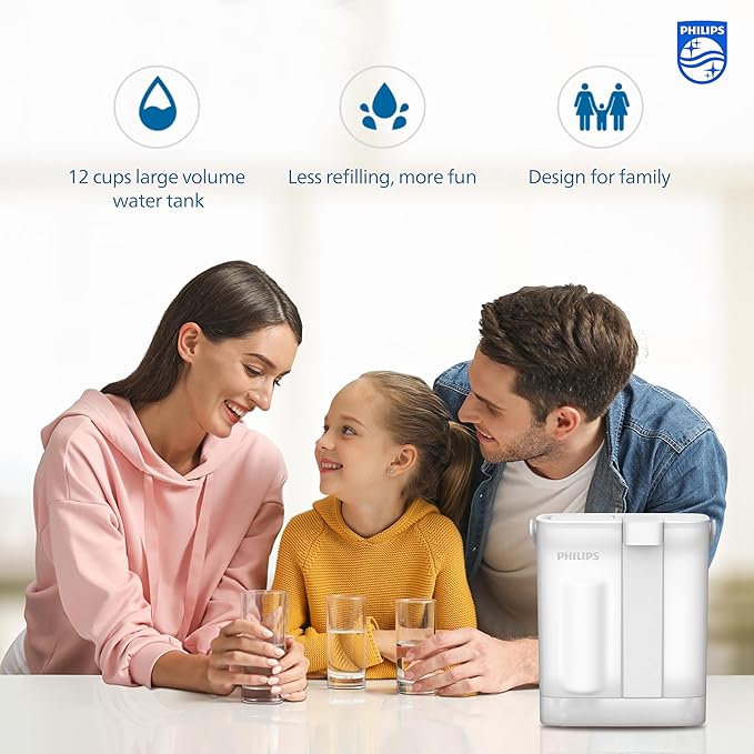 PHILIPS Water Filter Pitcher, Rechargeable Water Dispenser, Water Purifier Filter for Fridge Door, 2 Filters for 6 Months/120gal, Reduces 46 impurities 99% of Lead NSF/ANSI 42&53&372, 12-Cup, ADD5902