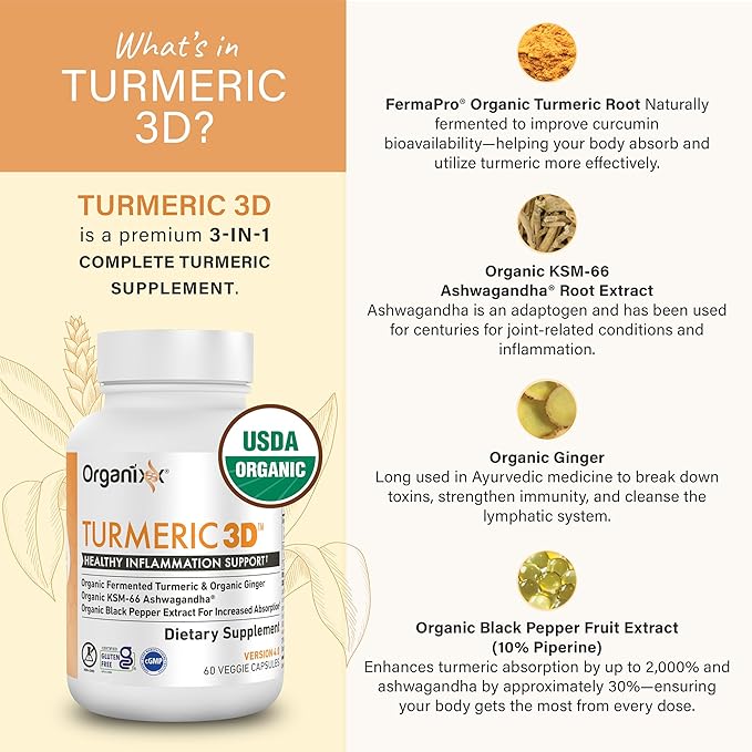 Organixx USDA Organic Turmeric Curcumin Supplement with Ashwagandha, Turmeric & Ginger – Immune & Joint Support, Fermented for Maximum Bioavailability, 60 Vegetarian Capsules