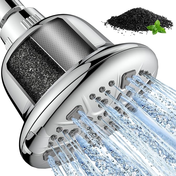 Filtered Shower Head with Upgraded Activated Carbon Filter - High Pressure Shower Head with Hard Water Softener - 7 Settings Bathroom Rain Showerhead to Remove Chlorine and Heavy Metals