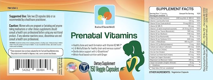 Prenatal Multivitamin with Methylfolate, K2 MK-7, Glutathione & Iron, Physician Developed, Non-GMO, Supports Healthy Pregnancy, Brain & Bone Development, 150 Veggie Capsules