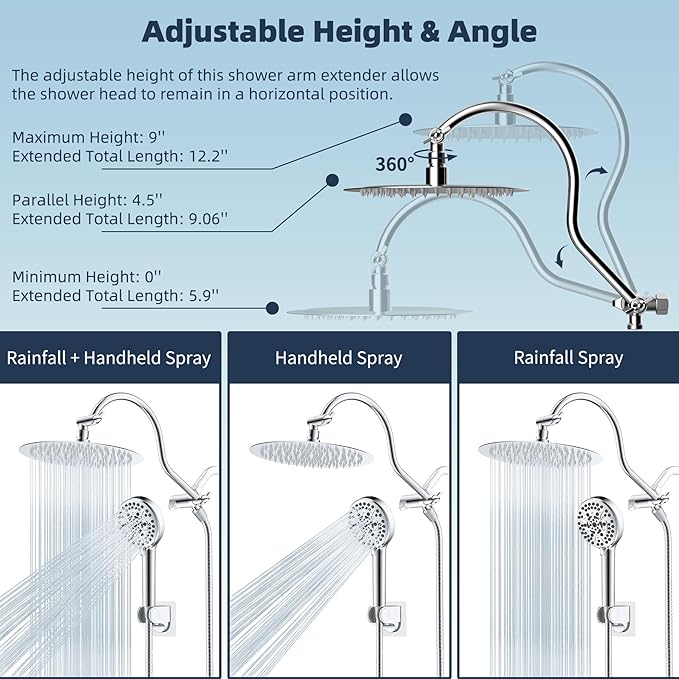 Hibbent All Metal Shower Head, 10'' High Pressure Rainfall Shower Head/Handheld Showerhead Combo with 12'' Adjustable Curve Shower Extension Arm, 10-Spray, 71'' Shower Hose, Shower Head Holder, Chrome