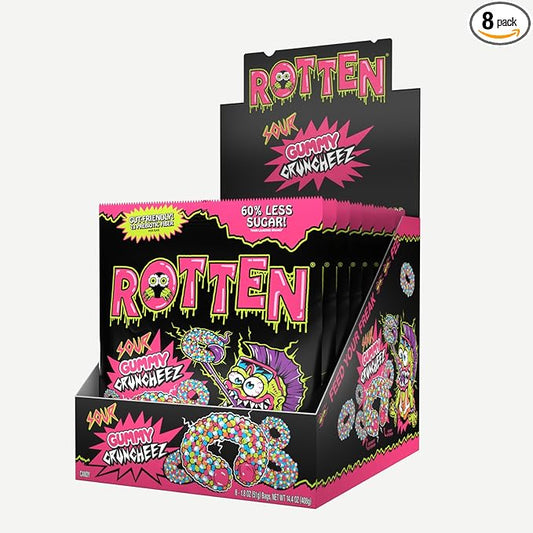 Rotten Sour Gummy Cruncheez - Low Sugar, Low Calorie, 5g Gut-Friendly Prebiotic Fiber, Gluten Free Candy, No Artificial Dyes - 1.8 oz - 8-Pack