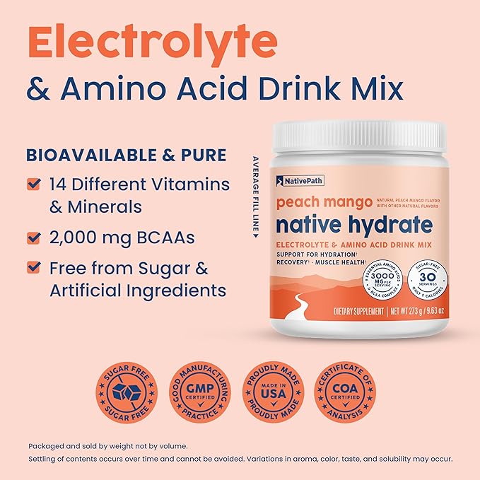 NativePath Native Hydrate, Zero Sugar, Electrolytes Powder with BCAAs, Peach Mango Hydration, Keto & Paleo Friendly, 30 Servings
