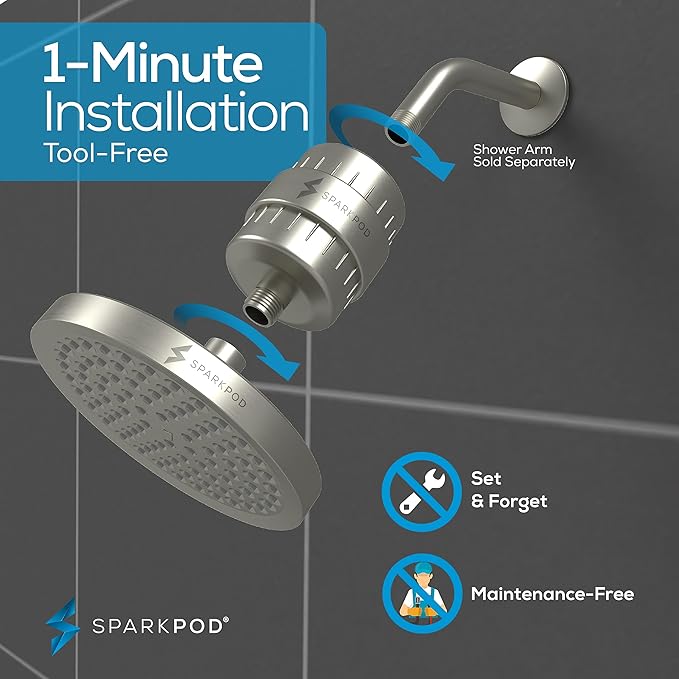 SparkPod Luxury Filtered Shower Head Set 23 Stage Shower Filter - Reduces Chlorine and Heavy Metals - High Pressure Showerhead Filter (6" Round, Brushed Nickel)