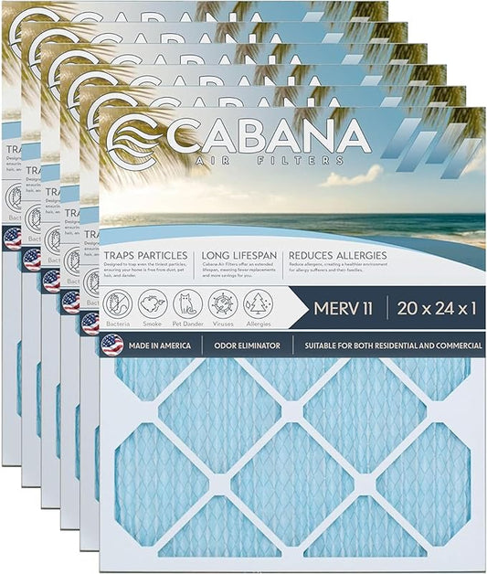 Cabana Filters 20x24x1 AC Furnace Air Filter, Merv 11 Capture Unwanted Particles, Pleated Furnace Filter HVAC AC Filters - Made in the USA - 6 Pack