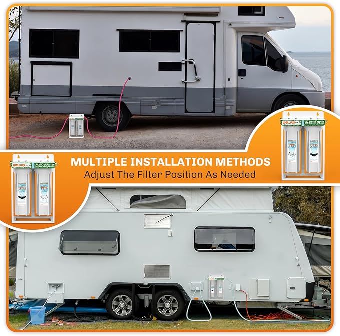 WELLUCK External RV Dual Water Filter System Reduce Chlorine and Odor, Camping Water Filter with mounting Bracket and Leak-Proof Brass Fittings for RVs Camping Trailer Motorhome Boat Marine Drinking