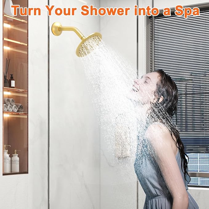 6 Inch Round Rainfall Shower Head with Stainless Steel Arm High Pressure Water Saving Anti-Clog Nozzles Easy Install for Bathroom/Bathtub
