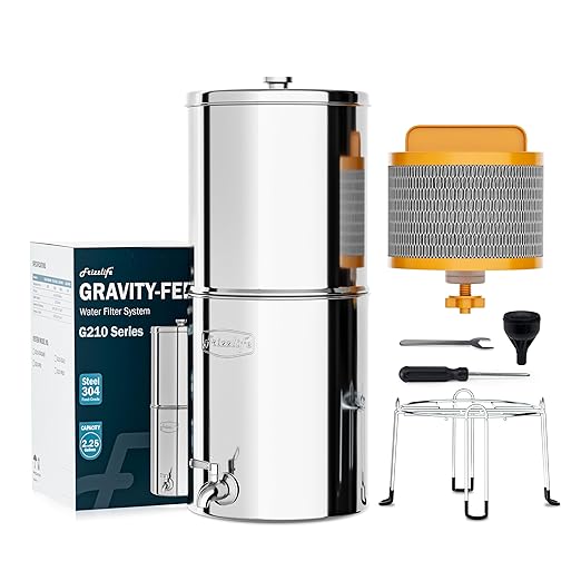 Frizzlife G210-SCALE Travel Gravity-Fed Water Filter System, NSF Certified Element with Scale Inhibition Reduces 99% Chlorine, Odor, Impurity, Purifier System with Stand for Home, Camping, 2.25G