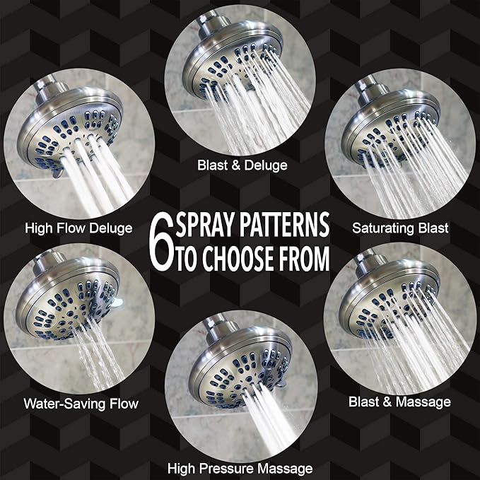 Aqua Elegante Brushed Nickel 1.8 GPM Luxury Shower Head, 6 Settings, BPA Free, Self-Cleaning Nozzles, Durable Brass Fittings