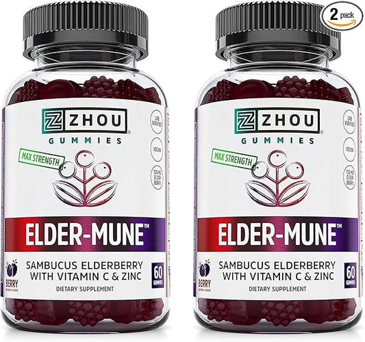ZHOU Elder-Mune Elderberry Gummies - Black Elderberry, Vitamin C, & Zinc, Daily Immune Support Supplement for Women & Men, Natural Chews for Adults & Children 4 & Up - 60 Gummies (2 Pack)