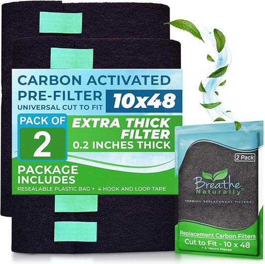 Breathe Naturally Universal Cut To Fit Carbon Activated Air Filter - Replacement Charcoal Filters - Pre Filter Carbon Sheet for Air Purifier, Vent Filters & More - Made in USA (Pack of 2, 10x48)