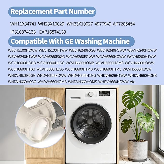 WH11X34741 Washer Drain Pump Filter Replacement Compatible with GE Washing Machine Replace WH23X10029 WH23X10027 AP7205454 4977949 PS16874133 EAP16874133