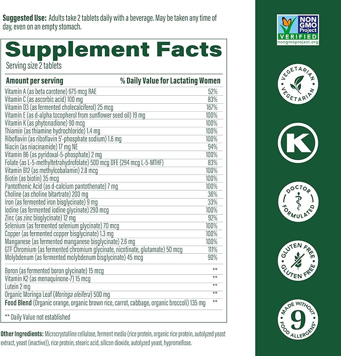 MegaFood Baby & Me 2 Postnatal Vitamins for Women Breastfeeding with Folate (Folic Acid Natural Form), Choline, Iodine, Vitamin D, Moringa Leaf and More - 60 Tabs (30 Servings)
