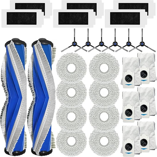 Replacement Accessories Parts Compatible with ECOVACS DEEBOT T30S Combo Robot Vacuum Cleaner.（2 Main Brush,6 Side Brushes,6 Hepa Filters,8 Mop Pads,6 dust Bags）