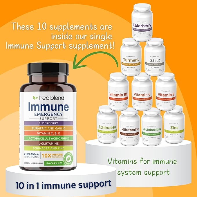 healblend 10 in 1 Immune Support Supplement Booster with Elderberry, Zinc, Echinacea, Turmeric, Lactobacillus Acidophilus, for Adults (2 Pack)