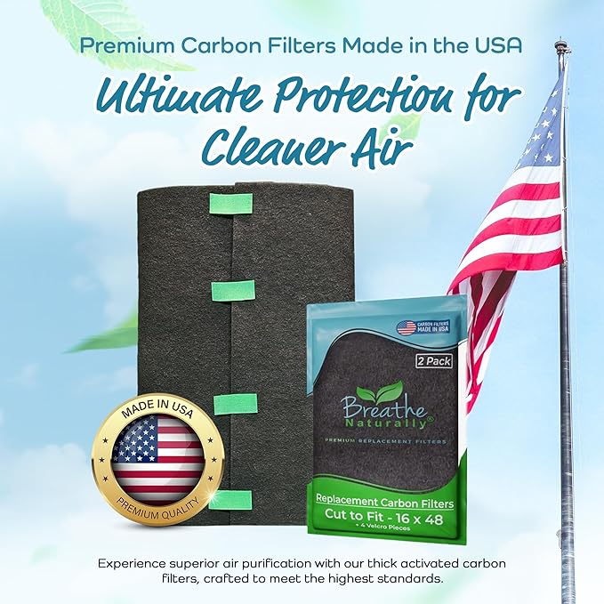 Breathe Naturally Universal Cut To Fit Activated Carbon Air Filter - Replacement Charcoal Air Filters - Carbon Filter Sheet for Air Purifier, Vent Filters & More - Made in USA (Pack of 2, 16x48)