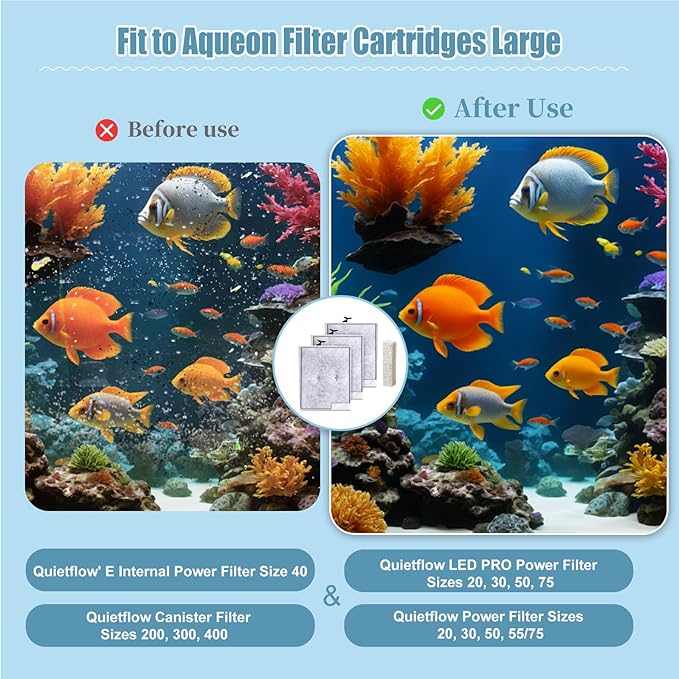 12pcs Large Filters Cartridges+8pcs Ammonia Reducer Filter Pads for Aqueon QuietFlow Power Size 20/30/50/75 & E Internal Power Size 40 & Canister Filter Size 200/300/400 & Zilla Large