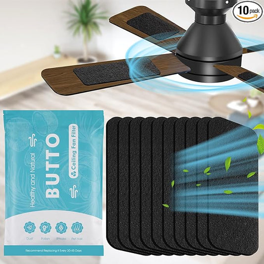 Butto 10-Pack Ceiling Fan Filters for Blades - Strong Adhesive Ceiling Fan Filters for Common Household Contaminants - Unscented Coconut Carbon Fan Air Purifier Pads to Make Air Fresh and Natural