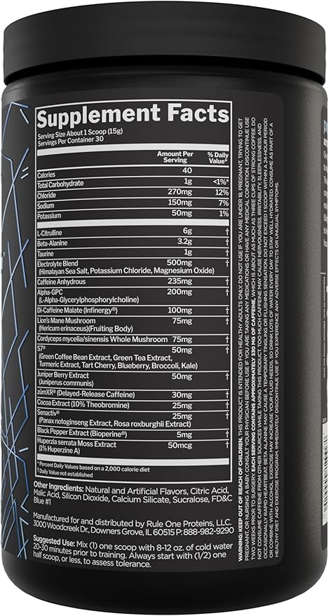 Rule 1 preLIFT Pre-Workout, 6g Citrulline, 3.2g Beta Alanine, 3 Caffeine Sources + 20 Others for Energy, Alertness, & Endurance (30 Servings, Blue Raspberry)
