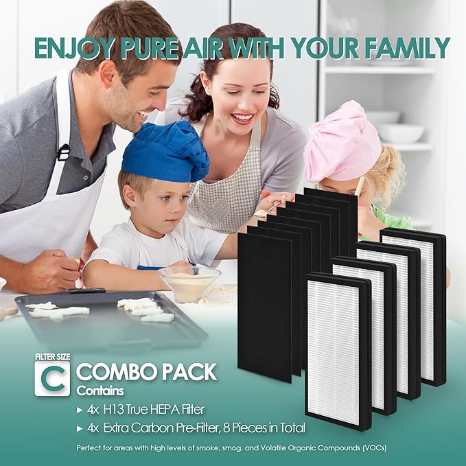 Idylis Air Purifier Replacement Filter C for Filtrete and Idylis IAP-10-200 IAP10200 [C+C] IAP-10-280 IAP10280 [C+D] Air Purifier with Idylis Air Filters IAF-H-100C, 4 HEPA & 4 Extra Carbon Pre-filter