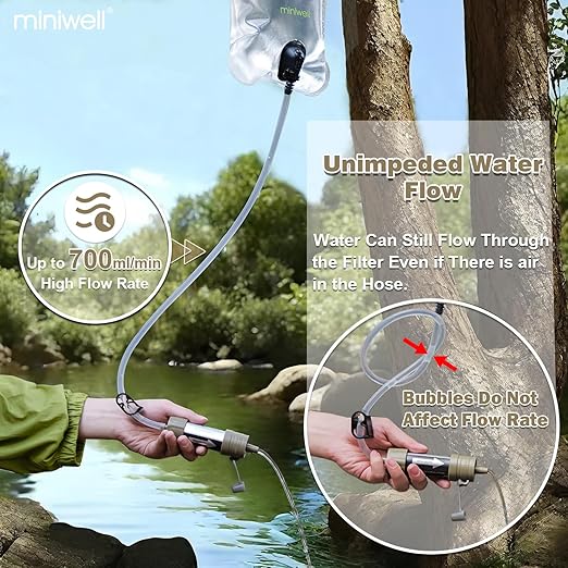Miniwell L630 Portable Water Filter with Upgraded Vacuum Packaging - 25 Year Storage, Long Lasting and Versatile Usage Options, 2 Pack Filters,Bucket Connectors and Hoses
