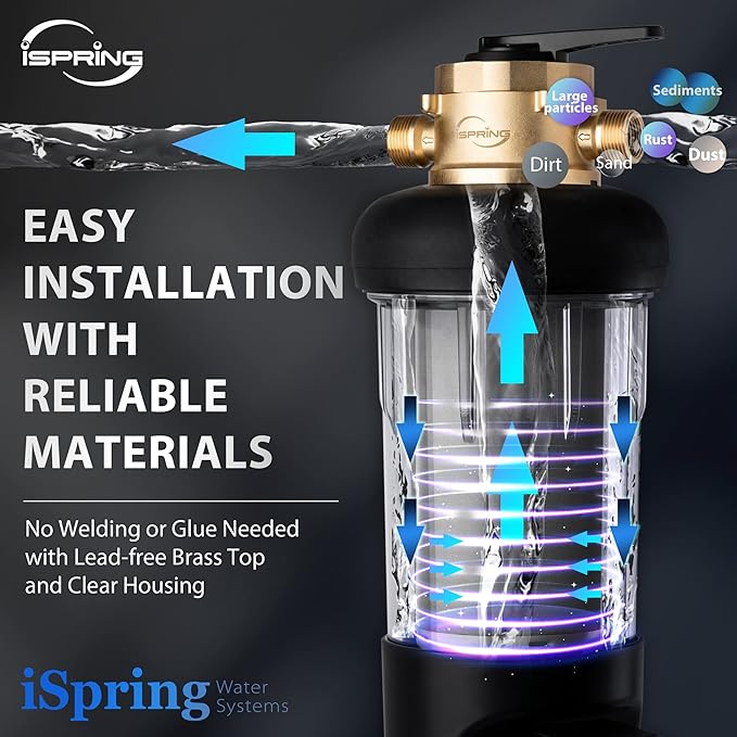iSpring WSP50ARJ-BP Whole House Prefilter, Spin-Down Sediment Water Filter with Bypass, Upgraded Clear Housing, Jumbo Size, Flushable and Reusable, Touch-Screen Auto Flushing, 4 Modes, 50 Microns