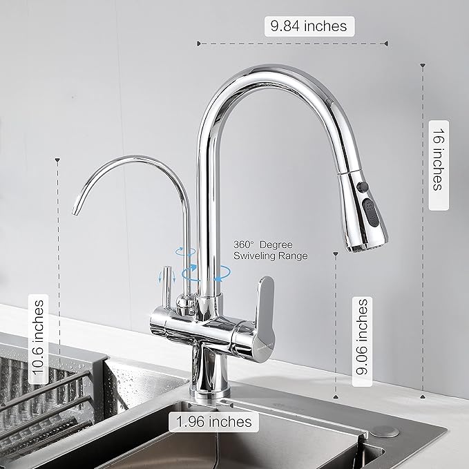 Kitchen Faucet with Pull Down Sprayer Modern 2 Handle Kitchen Faucets Drinking Water Faucet Reverse Osmosis Faucet for Kitchen Sink 3 in 1 High Arc Water Purifier Faucets Lead-Free Brass,Chrome
