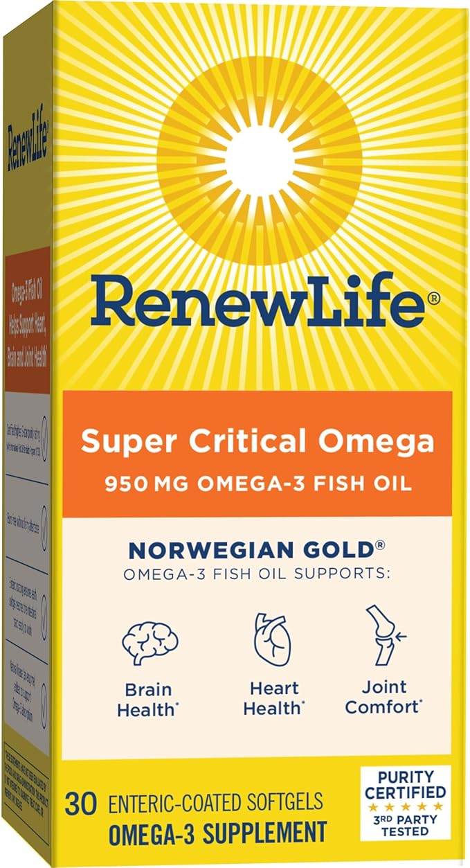 Renew Life Norwegian Gold Super Critical Omega Softgels, Daily Supplement Supports Heart, Brain and Joint Health, EPA and DHA Omega-3 Fish Oil, Dairy and gluten-free, 950 Mg 30 Count