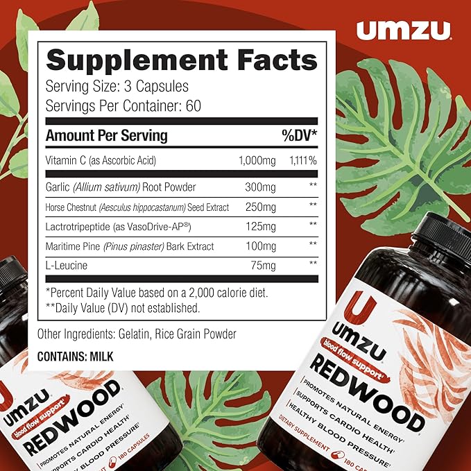 UMZU Redwood Nitric Oxide Booster, 1-Month Supply – Nitric Oxide Supplement with Vitamin C, Garlic & Horse Chestnut – Supports Healthy Circulation, Blood Flow, Energy, Stamina and Daily Vitality