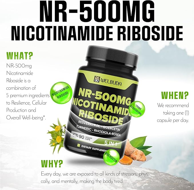 5in1+ Nicotinamide Riboside Supplement with Resveratrol, Quercetin, Turmeric, Rhodiola Rosea - 90 Count for 90 Days