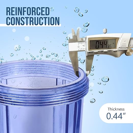 High Capacity 10 x 4.5” Transparent Whole House Water Filter Purifier System with Presser Relief Button 1” Inlet/Outlet Bass Port & Yearly Supply (3) Granular Coconut Shell Activated Carbon Cartridges