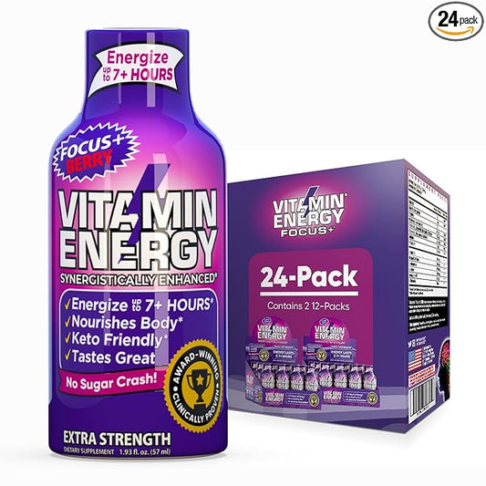 Vitamin Energy Focus+ Extra Strength Energy Shot Berry 24 Pack, 260mg Natural Caffeine, B-Vitamins, CoQ10, Amino Acids, Focus, Productivity & Clarity, Zero Sugar, Gluten-Free, 1.93 fl oz