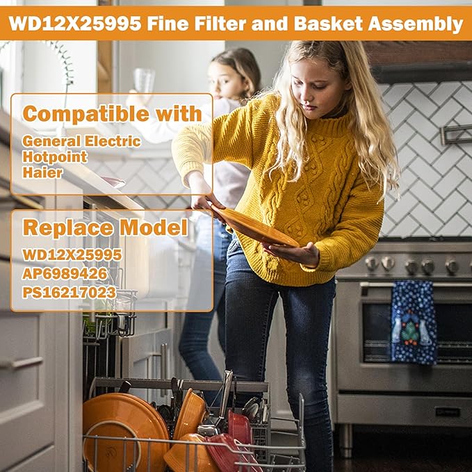 WD12X25995 Dishwasher Ultra Fine Filter and Basket Assembly Compatible With General Electric Hotpoint Haier dishwashers Replaces PS16217023 AP6989426