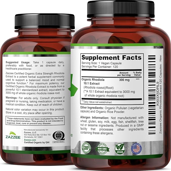Zazzee USDA Organic Rhodiola 10:1 Exract, 3000 mg Strength, 120 Capsules, 4 Month Supply, Standardized and Concentrated 10X Extract, 100% Vegetarian, Extra Strength, All-Natural and Non-GMO