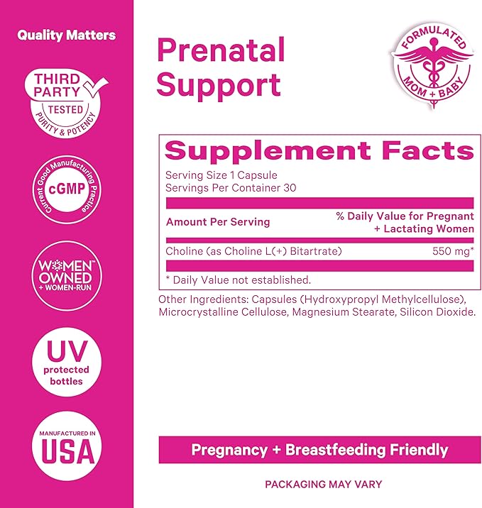 Pink Stork Choline - 550 mg Choline Bitartrate from VitaCholine for Pregnant + Postpartum Moms - Prenatal Vitamin for Fetal Cognitive Health + Breast Milk Quality - 1 Capsule Daily, 30 Count